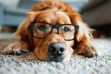 Cute dog in black glasses lying on floor with funny look. Smart dog learning and reading. Vision problem, eye care in dogs