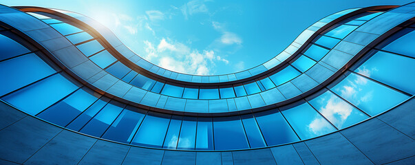 Low Angle Shot of Modern Geometric Facade, Corporate Business Center. Blue Sky, White Clouds, Glass Wall, Financial District, Smart Building, Industrial Architecture. Technology, Innovation, Success
