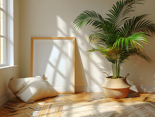 Serene Simplicity: Soft Light Enhances Minimalistic Bedroom with White Frame