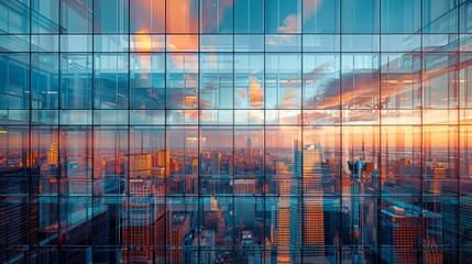 Grid Structure: A photo of a glass facade building - obrazy, fototapety, plakaty