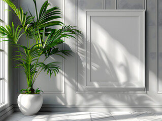Tropical Touch: White Frame Mockup and Palm Plant Infuse Sleek Office with Greenery - obrazy, fototapety, plakaty