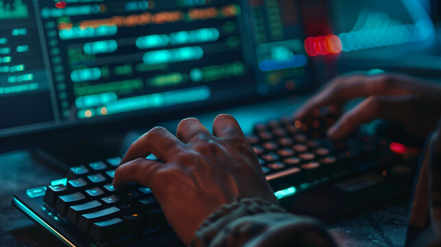 Programmer Typing Code on Backlit Keyboard. Hands of a programmer typing on a backlit mechanical keyboard with code on the computer monitor in a dark room.