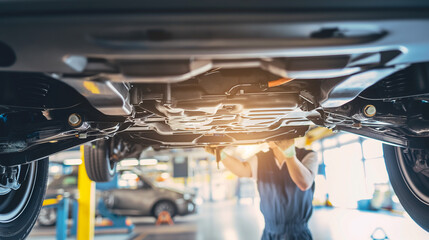 Auto Mechanic Working Under Car. An auto mechanic attentively working under a lifted car in a well-equipped automotive repair shop, servicing a vehicle's undercarriage.