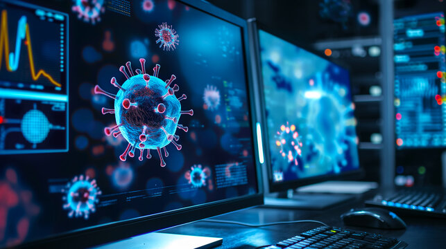 Virus Monitoring on High-Tech Computer Screens. Advanced monitoring of virus structures and activity on multiple computer screens in a high-tech network security control room.
