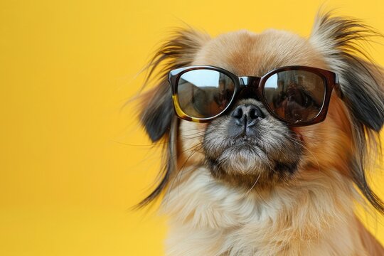 Cute Pekingese dog with sunglasses on yellow background