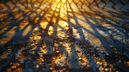 Grid Texture: A photo of a metal grid fence, with sunlight shining through - obrazy, fototapety, plakaty