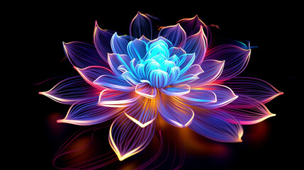 
Multicolor neon light drawing, abstract shape flowers isolated on black background. Glowing line art. The Illumination of vibrant radiance of neon flower, generative AI