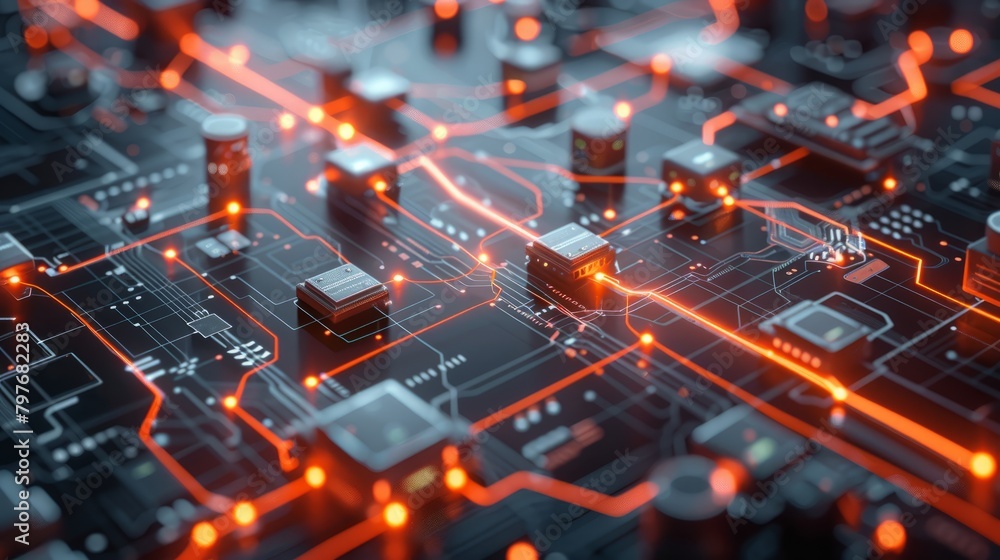 Poster printed circuit board with processor glowing orange lines.