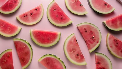 Pattern with ripe watermelon on pink background. Top View. Copy Space. Pop art design, creative summer concept. Half of watermelon in minimal flat lay .