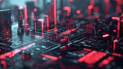 close up of electronic circuit board with red glowing lights