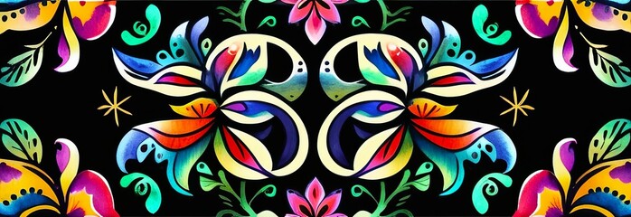 colorful illustration features symmetrical floral and butterfly designs against dark background. concepts: print materials, nature-themed events, background for websites, digital designs, social media