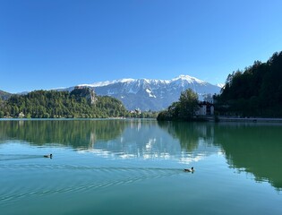 Lake Bled in Slovenia with clear blue sky. Bled castle, St. Martin's Parish Church and Julian Alps...