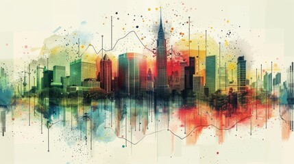 Colorful watercolor painting of a cityscape with skyscrapers and a reflection on the water.