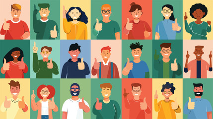 Big collage of happy people showing thumb-up gesture