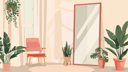 Big mirror and chair with houseplants in room Vectot