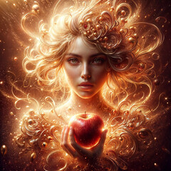 A digital artwork of a woman with golden hair holding a red apple