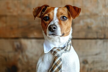 Dog in a tie and a white collar. Education, training of dogs. Boss, manager.