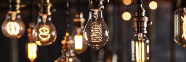 Luxury retro light bulb glowing Vintage style light bulbs hanging from the ceiling Many decorative light bulbs	
