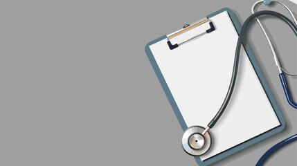 Blank clipboard with stethoscope on grey background.