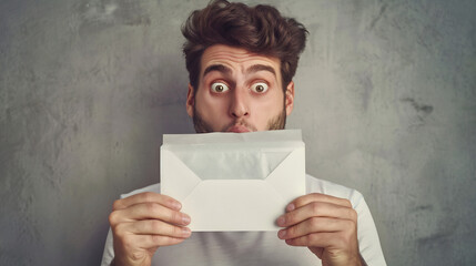 Naklejka premium A shocked man holding an open envelope, staring at the contents with wide eyes and a dropped jaw.