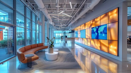 Modern office lobby with large windows, tiled floor, curved couch, and video wall