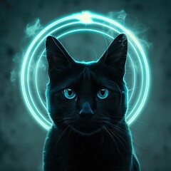 A digital painting of a black cat with glowing blue eyes and a blue halo around its head. - obrazy, fototapety, plakaty