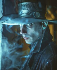 A dark portrait of a man wearing a steampunk hat with glowing blue eyes and smoke surrounding him. - obrazy, fototapety, plakaty