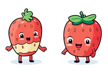 Two cute strawberry cartoon characters. One strawberry is bitten. Kawaii style.