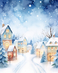 Fototapeta premium Silent night with snowfall over a small town, cozy Christmas lights, watercolor cartoon, soft color