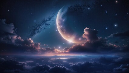 Fototapeta na wymiar view of a sky with moon and shing stars