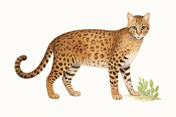 A drawing watercolor of Marbled Cat  A small cat similar in size to a domestic cat, found in the forests of South and Southeast Asia