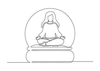Glass globe with meditating woman in lotus pose. Continuous line. Calm, balance, religion, faith, meditation concept.