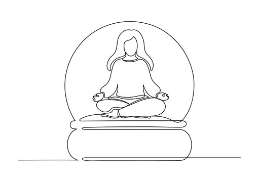 recommend clip art: Glass globe with meditating woman in lotus pose. Continuous line. Calm, balance, religion, faith, meditation concept.