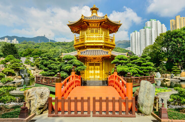 Pagoda style Chinese architecture in garden, Hong Kong	
