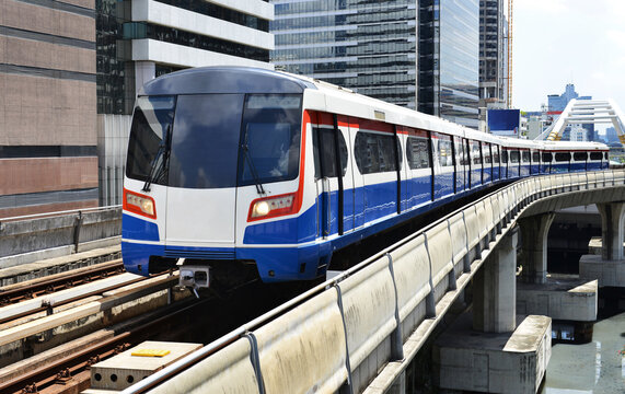 Sky train in Bangkok with building construction,Thailand
