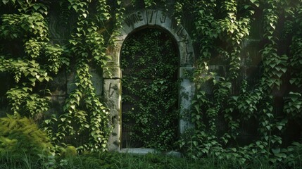 Fototapeta premium Magical secret garden hidden behind old ivy-covered wall with hidden door leading to a world of wonder.