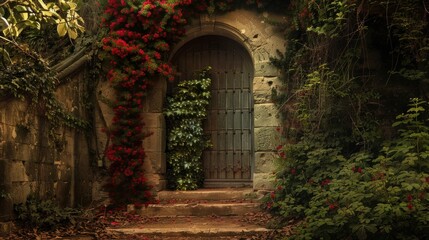 Magical secret garden hidden behind old ivy-covered wall with hidden door leading to a world of wonder.