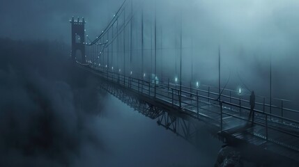 Suspension bridge in the foggy morning. 