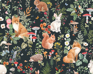 Naklejka premium Large size wall mural with hand drawn watercolor forest animals and plants. Stock illustration.