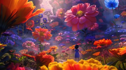 Magical garden filled with enormous vibrant flowers and a tiny exploring girl.