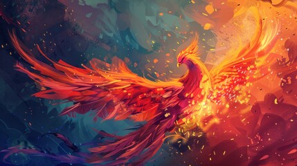 Majestic phoenix rising from ashes with vibrant red, orange, and yellow feathers