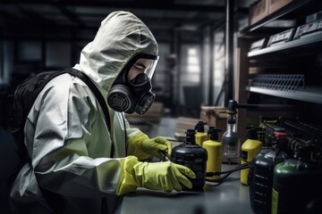 Technician wearing a full protective suit glove clothing apparel. - Powered by Adobe