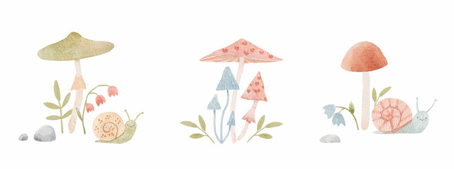 Cute illustration with watercolor hand drawn abstract forest mushrooms flowers and snails. Kids clip art. Nice mushroom illustration.