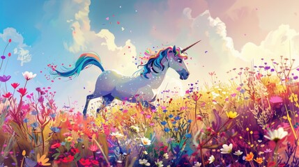Obraz premium Whimsical Unicorn in Rainbow Field. A magical scene with a prancing unicorn amidst colorful wildflowers.