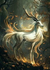 A mystical white deer stands in a moonlit forest.