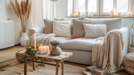Modern Boho Interior of a Cozy Living Room. A simple yet inviting space that exudes warmth and charm.