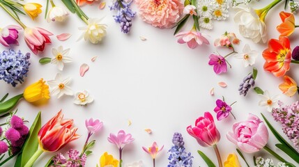 Floral Background Showcasing Spring Flowers Frame with Top View Flat Lay Composition