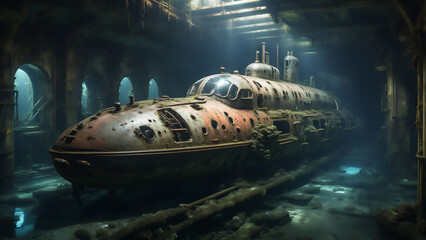 Abandoned submarine under the sea 