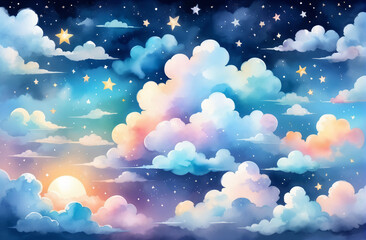 magical background with clouds and starry sky made with watercolors