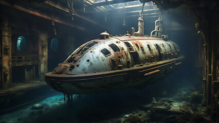 Old submarine under the sea 